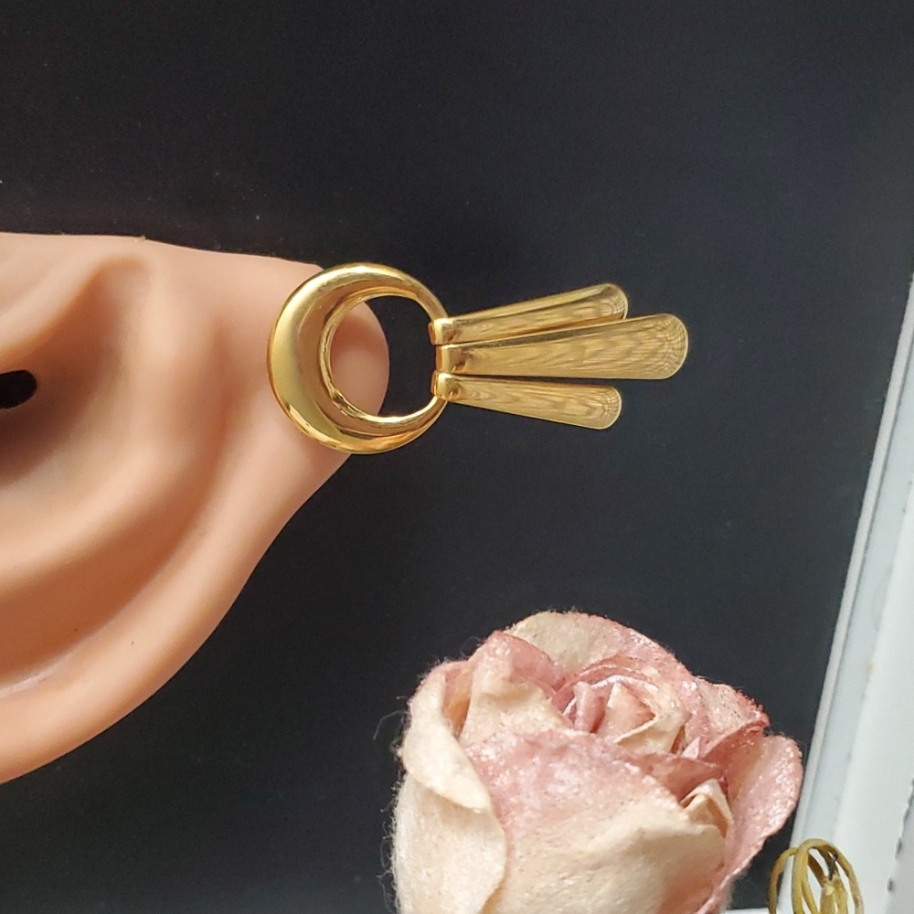 Amazing Vintage 80s Gold tone Mod Hoop, Triple Drop Hanger Pierced Earrings